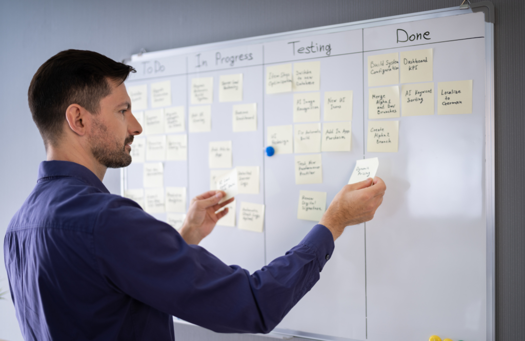 Man organizing automated workflows on a Kanban whiteboard with sticky notes divided into To Do, In Progress, Testing, and Done columns