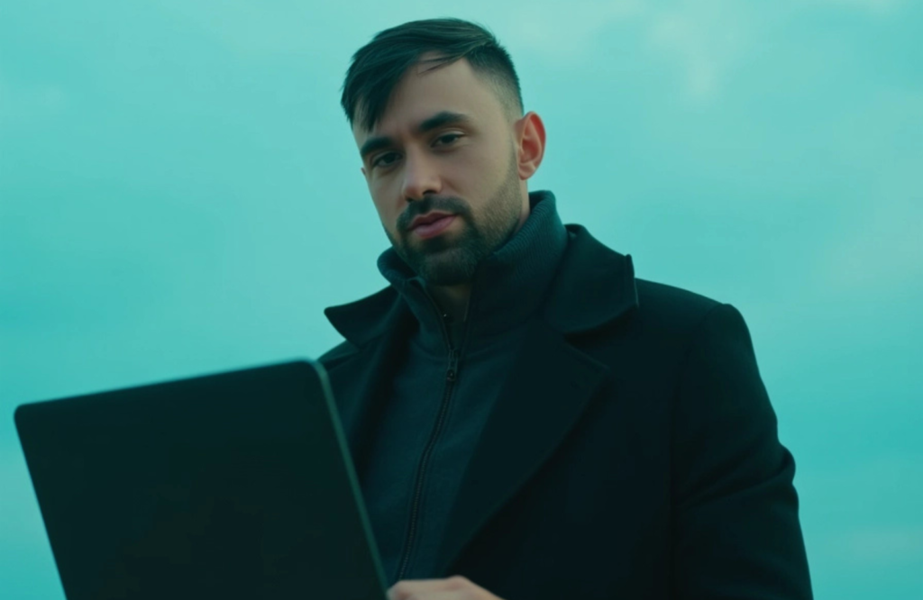 A focused entrepreneur works on a laptop outdoors, wearing a dark coat and looking confidently toward the camera against a cool-toned, minimalist background.