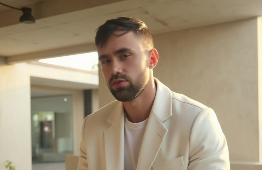 A well-dressed entrepreneur in a light blazer sits indoors in a modern, sunlit space, looking calmly toward the camera with a composed, confident expression.